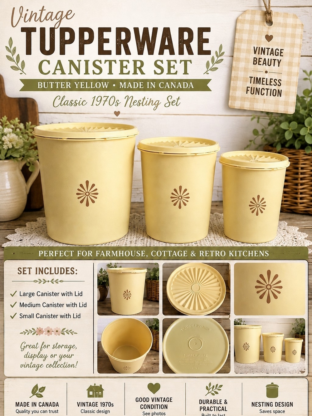 Vintage Tupperware Canister Set | Butter Yellow | Made in Canada | Set of 3